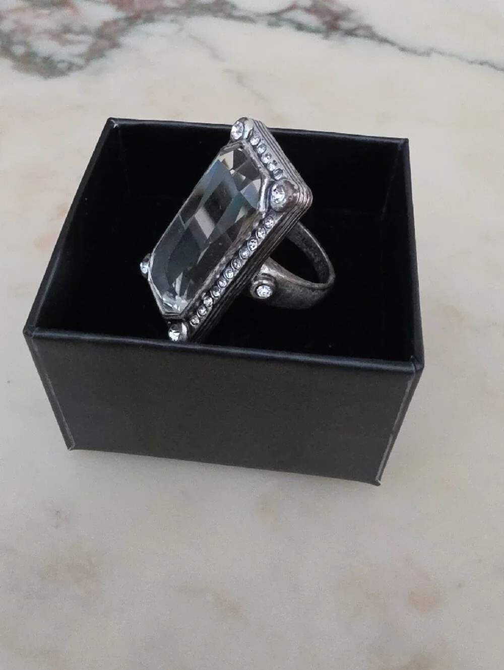 Lia Sophia Clear Crystal Rectangular Cocktail Ring - Silver Tone